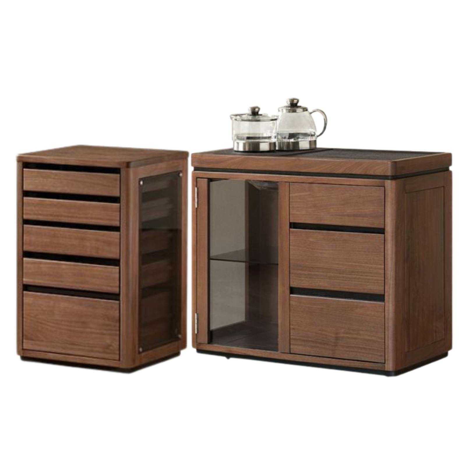 Black Walnut Solid Wood Tea Set Storage Rolling Side Cabinet with Fluted Drawers