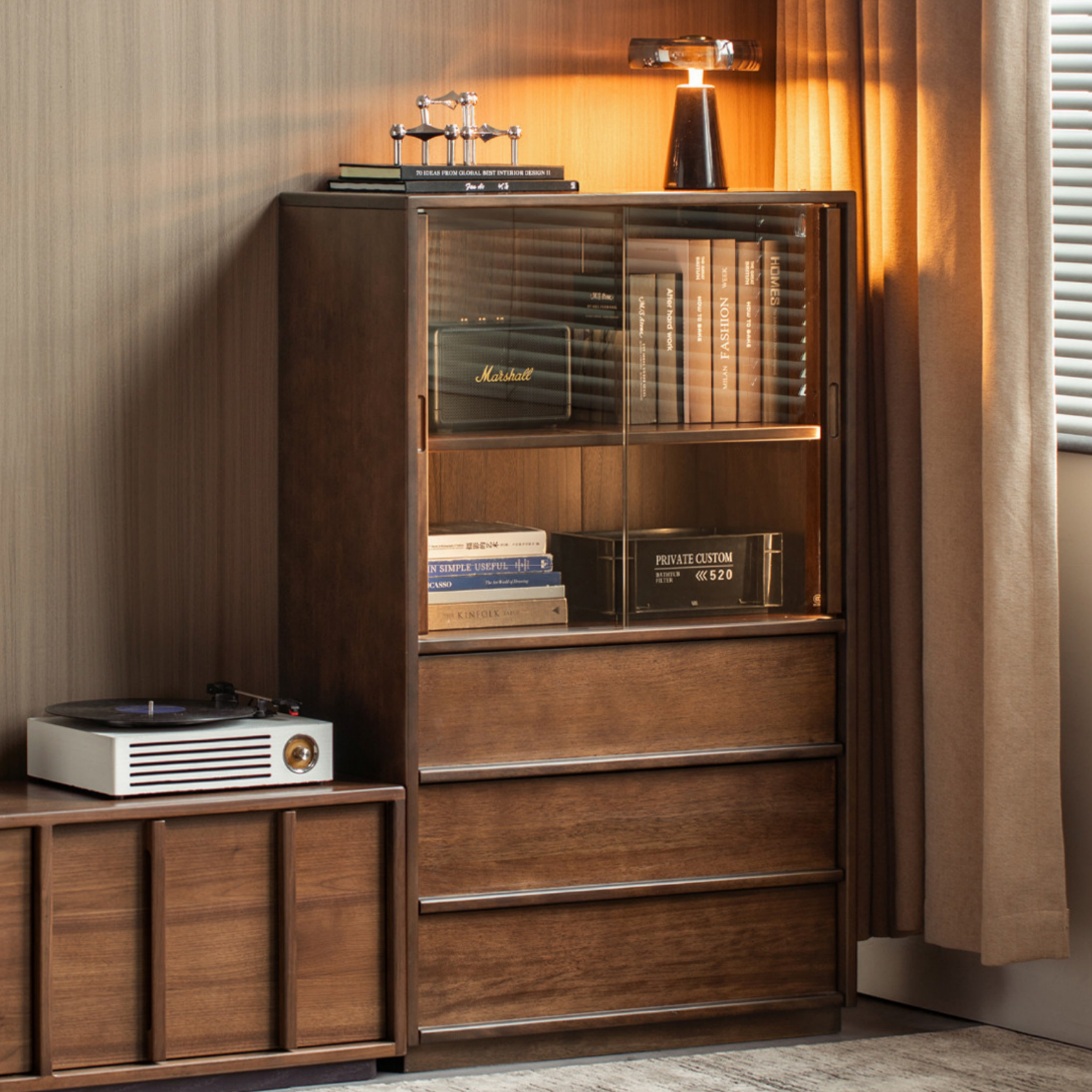 Sandalwood Solid Wood Tall Side Cabinet with Louvered Sliding Door and LED Lighting