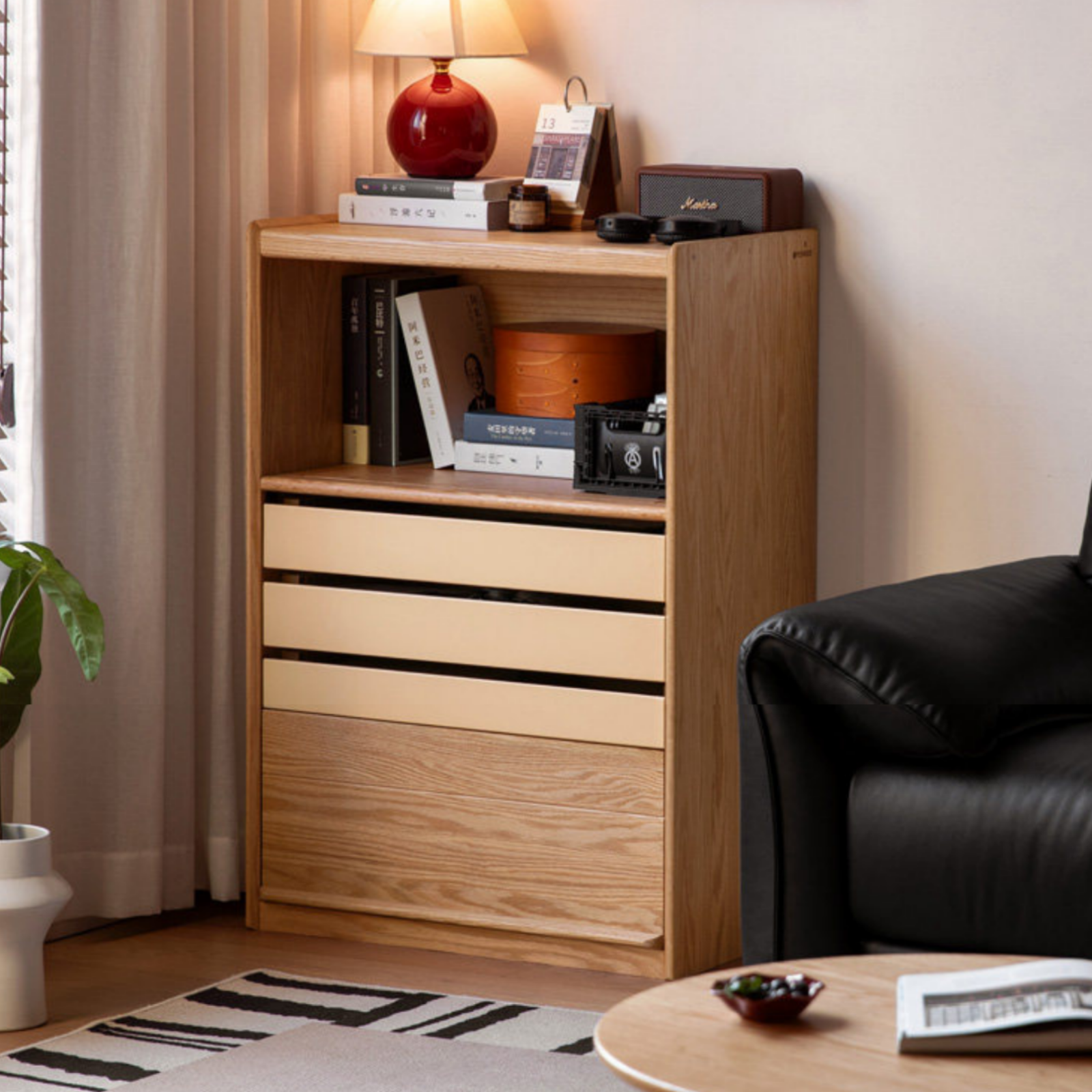 Oak Solid Wood Tall Side Cabinet with Open Shelf and Color Block Drawers