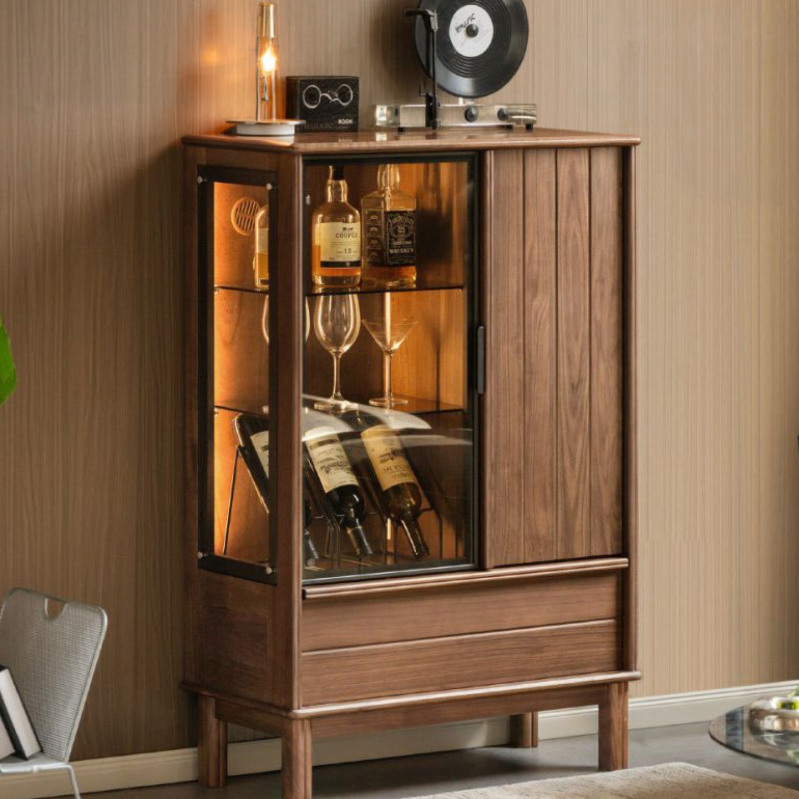 Black Walnut Solid Wood, Solid Longan Hardwood Wine Bar Cabinet with LED Lighting and Glass Door