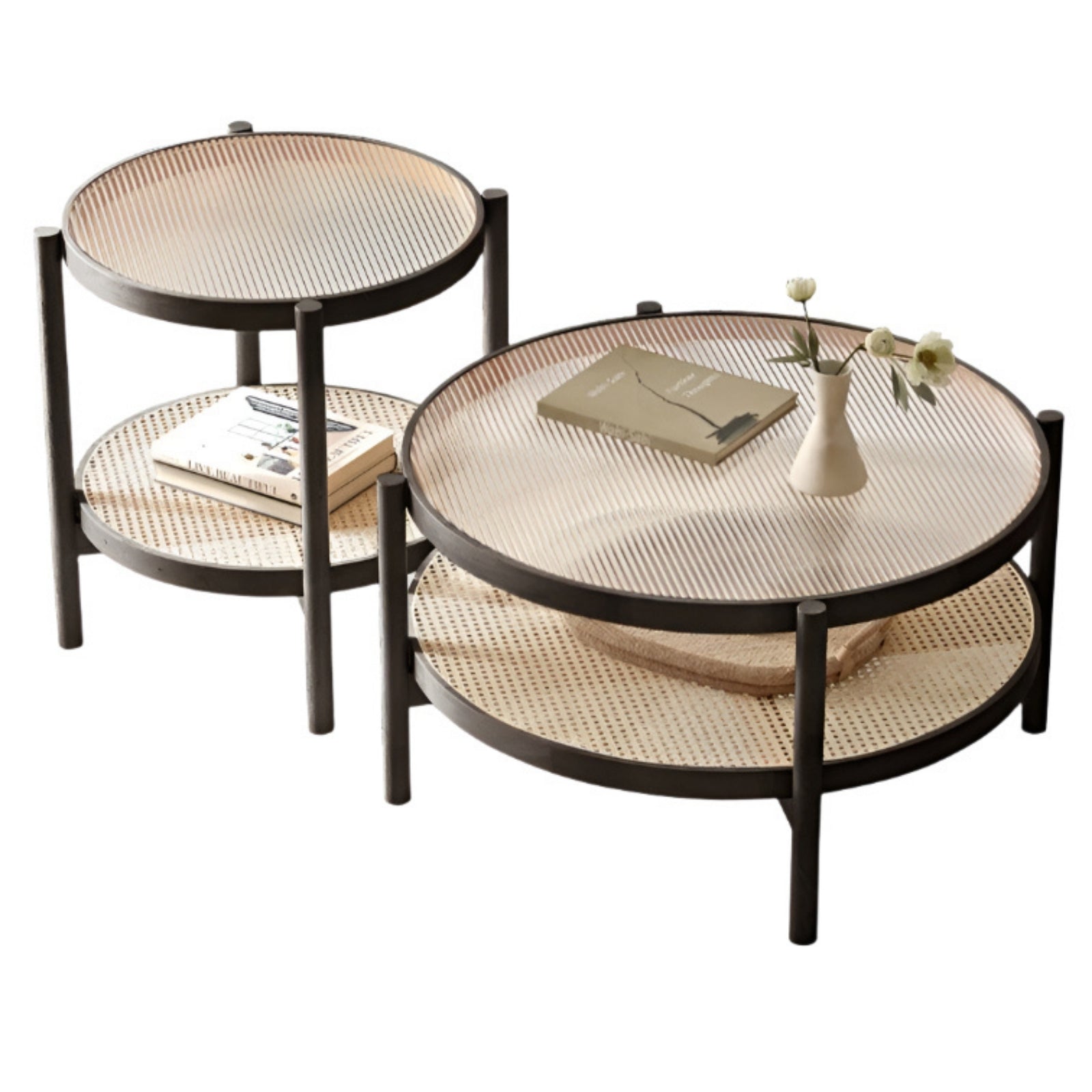 Oak Solid Wood, Glass, Rattan Coffee Table