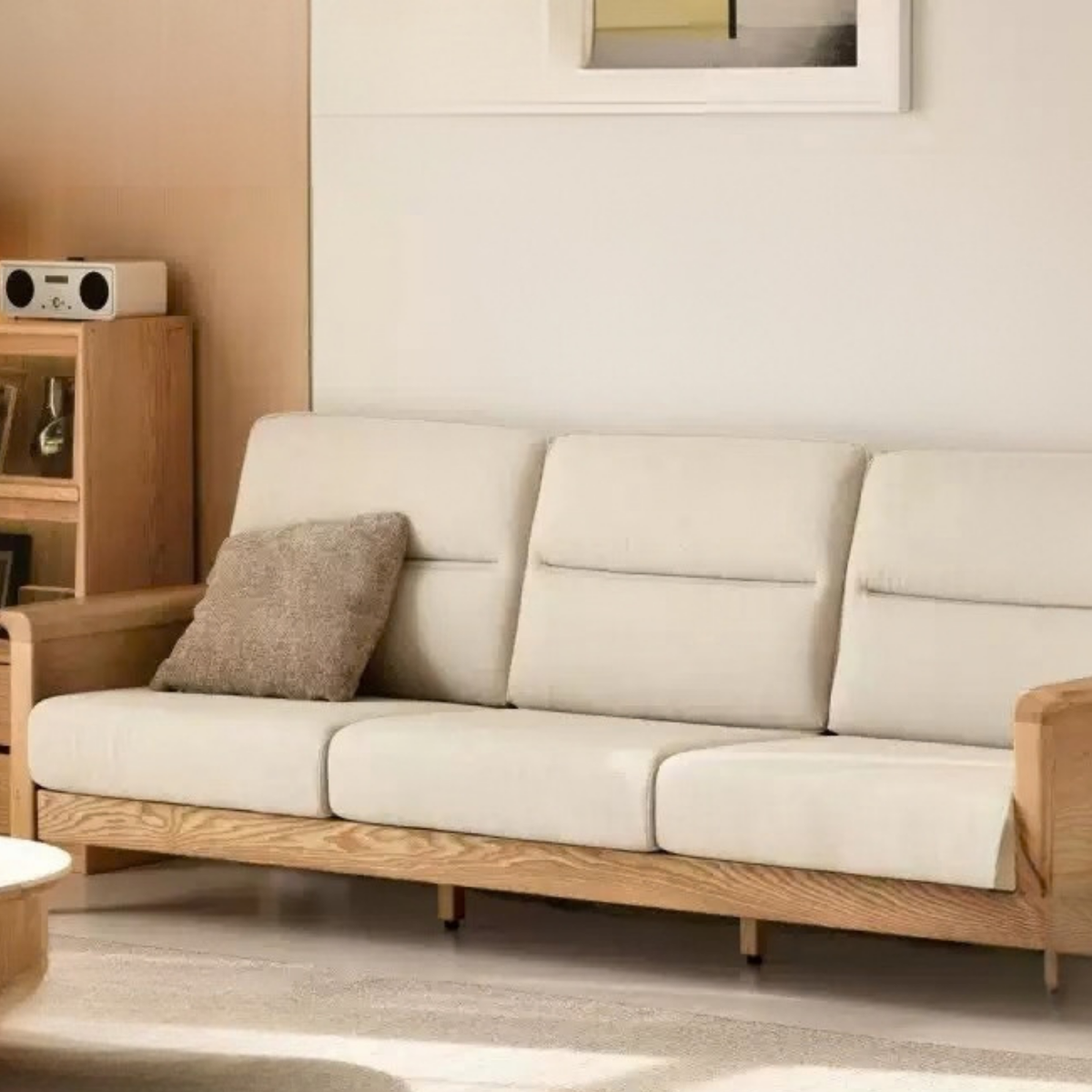 Ash Solid Wood Exposed Wood Frame Sofa with Slat Back Panel