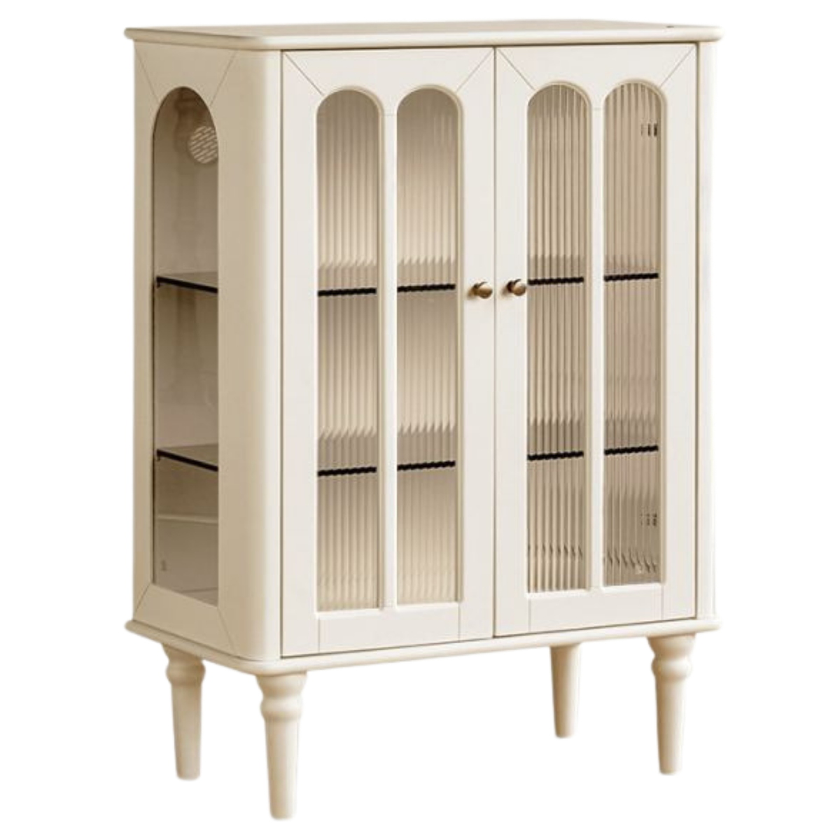 Solid RubberWood French Accent Cabinet with Round Arch Glass Doors and Turned Legs