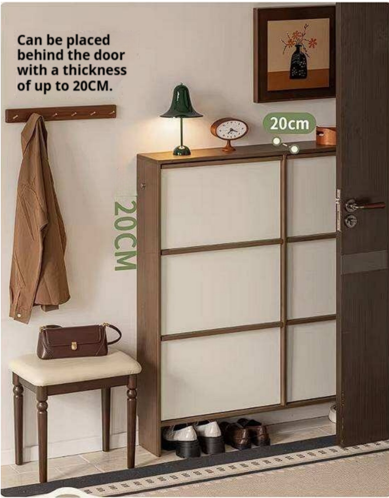 Solid RubberWood Flip Door Shoe Cabinet, Mid Century Slim Wall Mounted Entryway Storage Organizer