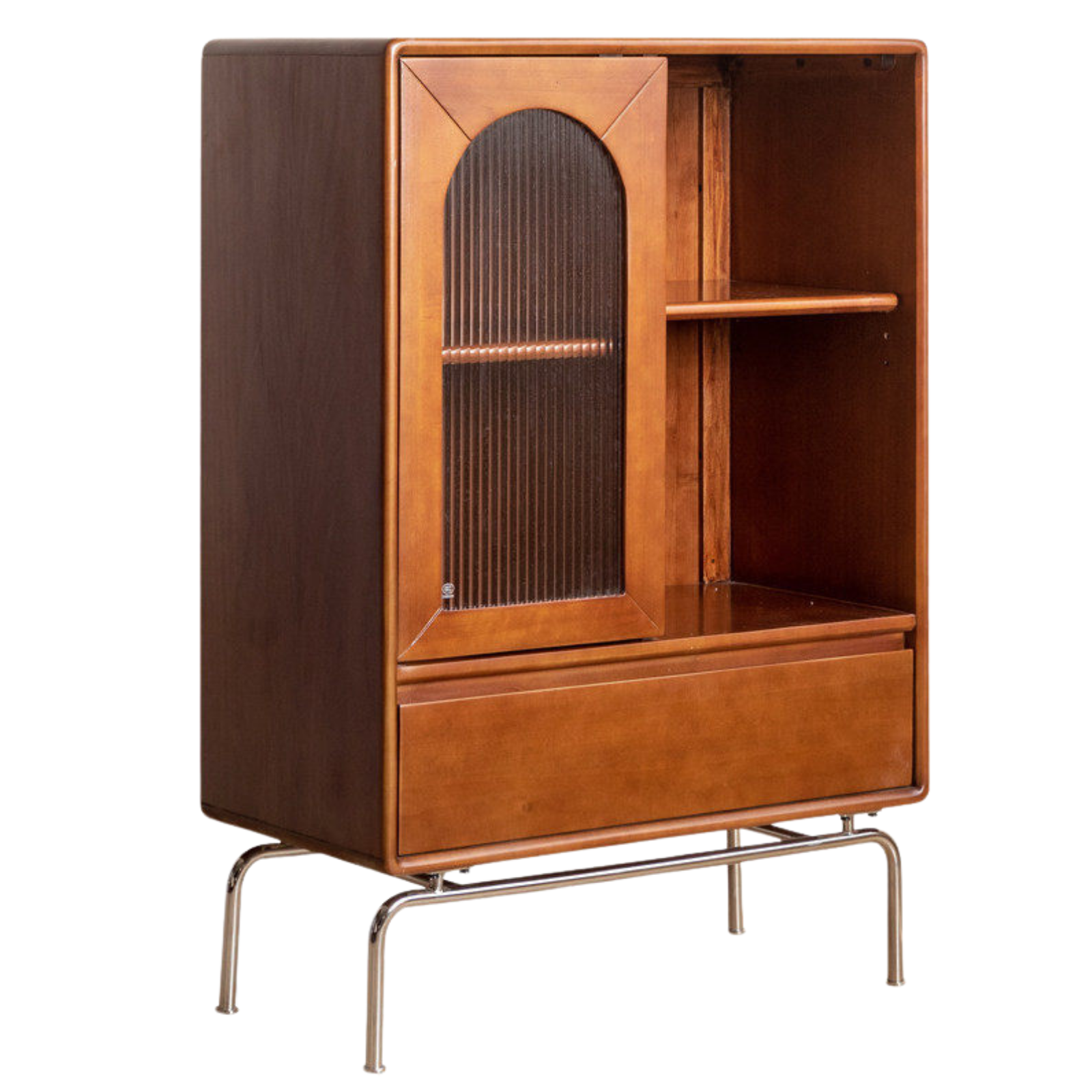 Black Walnut, Tulipwood  Solid Wood Display Cabinet with Arched Fluted Glass Door, LED Light and Metal Legs