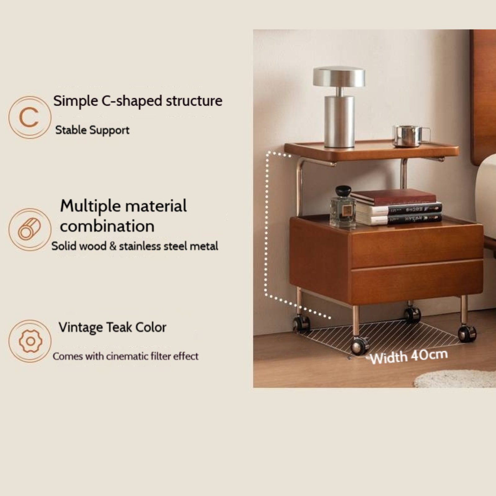 Poplar Solid Wood Vintage Style Mobile Nightstand