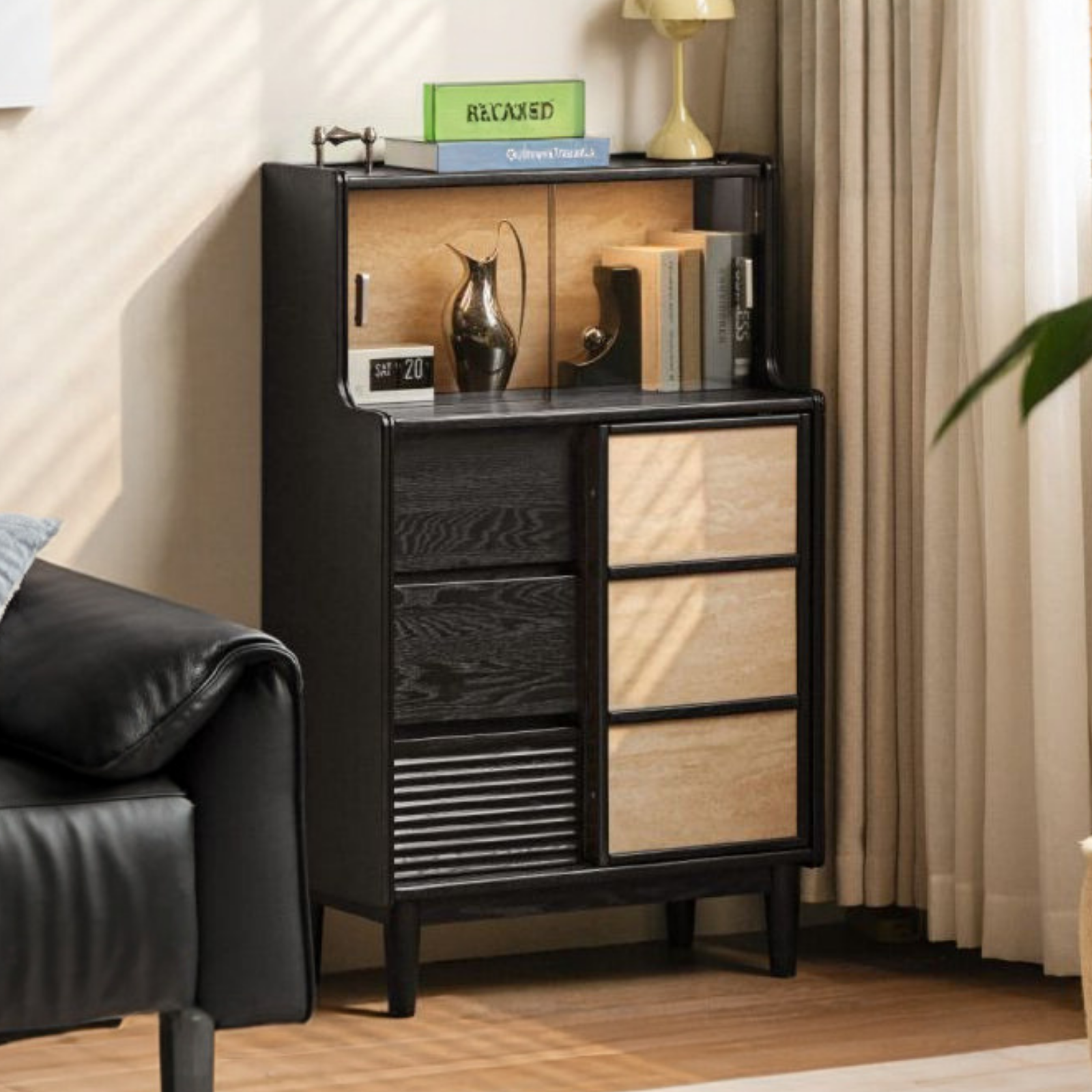 Oak Solid Wood Bauhaus Style Bar Cabinet with Sliding Doors
