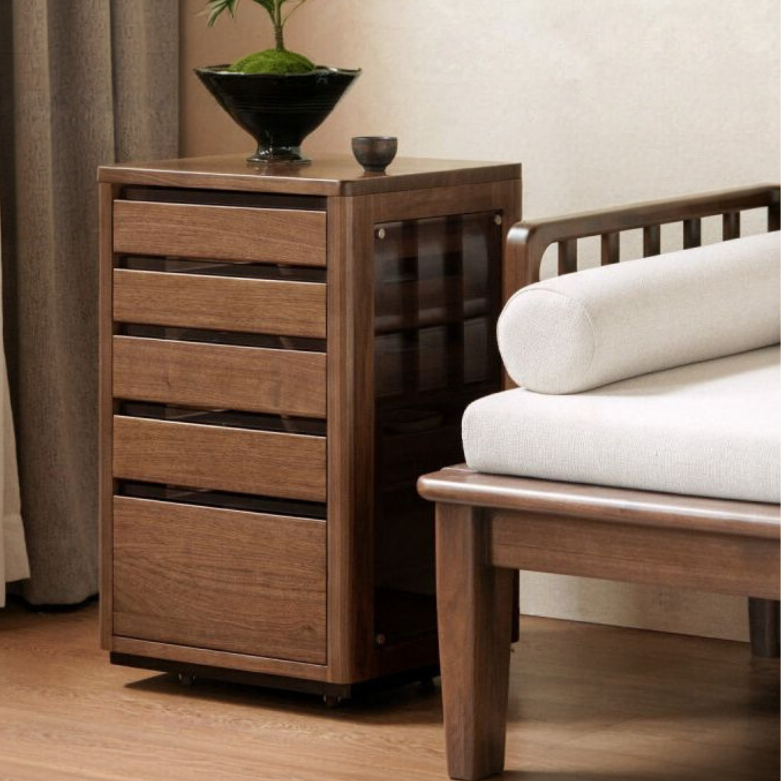 Black Walnut Solid Wood Tea Set Storage Rolling Side Cabinet with Fluted Drawers