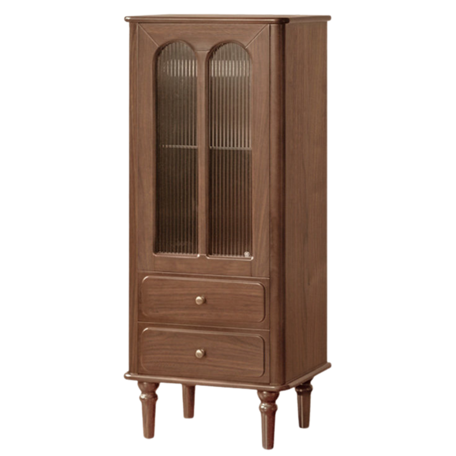 Black Walnut, Ash Solid Wood Vintage Accent Cabinet with Arched Fluted Glass Doors