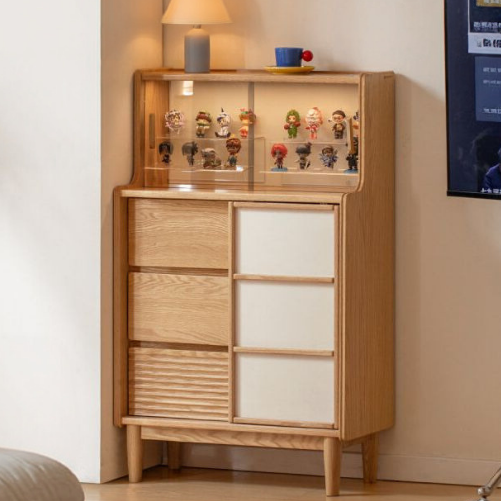 Oak Solid Wood Bar Cabinet with Glass Display and Sliding Doors