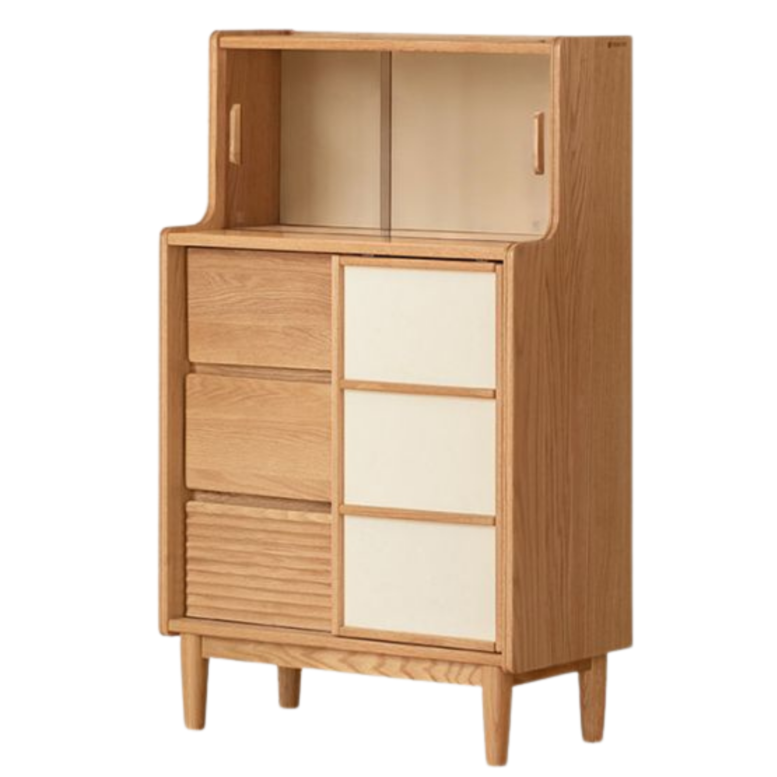 Oak Solid Wood Bar Cabinet with Glass Display and Sliding Doors