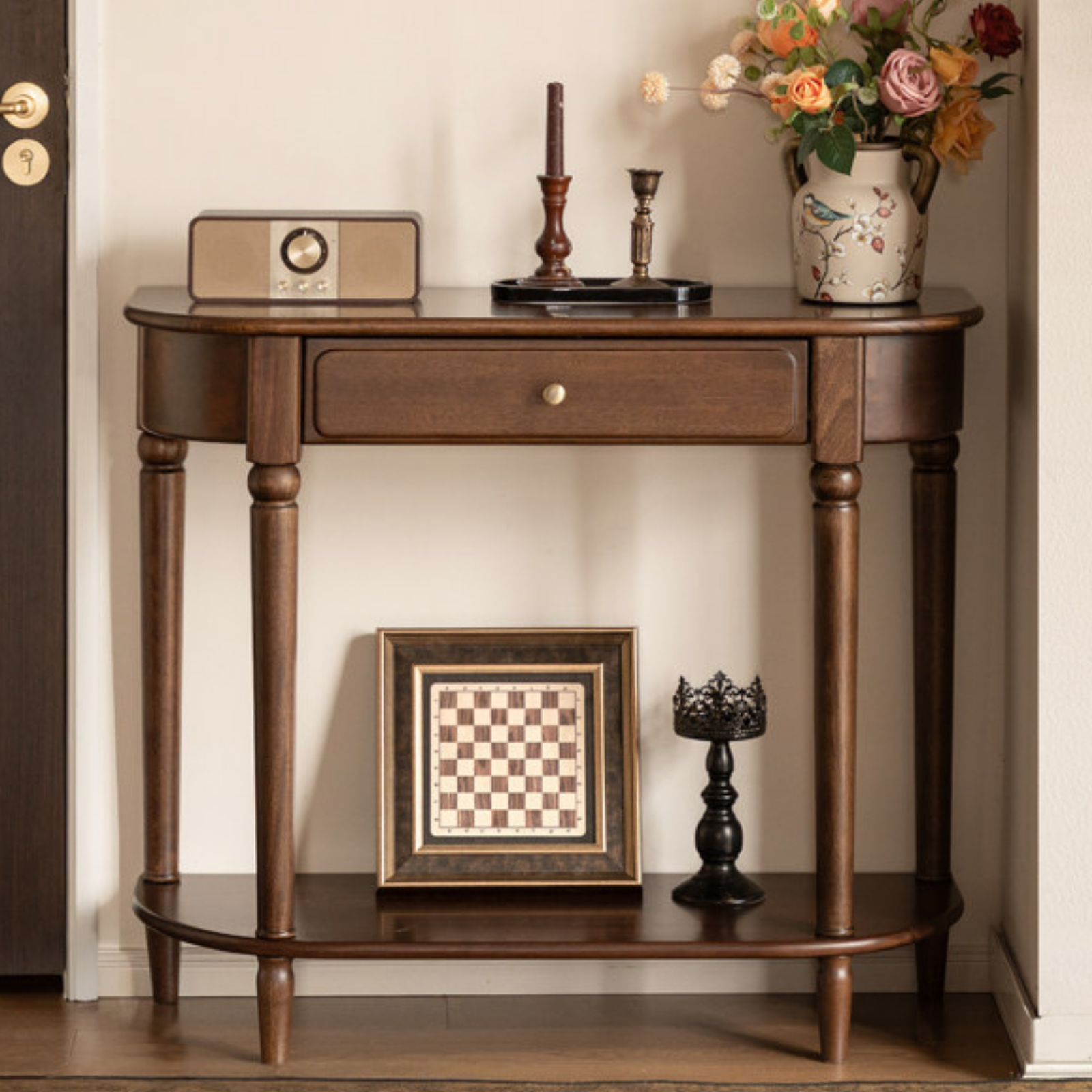 Sandalwood Solid Wood Traditional Demilune Console Table with Turned Legs and Drawer