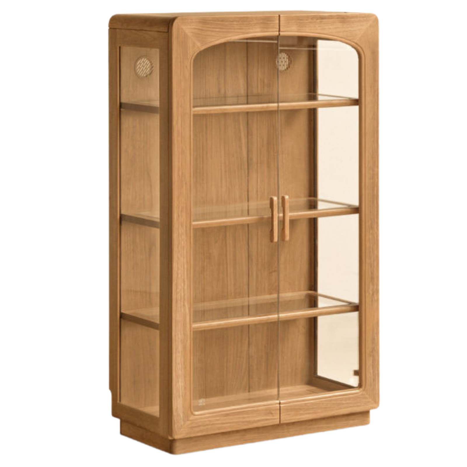 Cherry, Black Walnut, Birch, Oak Solid Wood Curio Display Cabinet with Arched Top and LED-Lit Glass Shelves