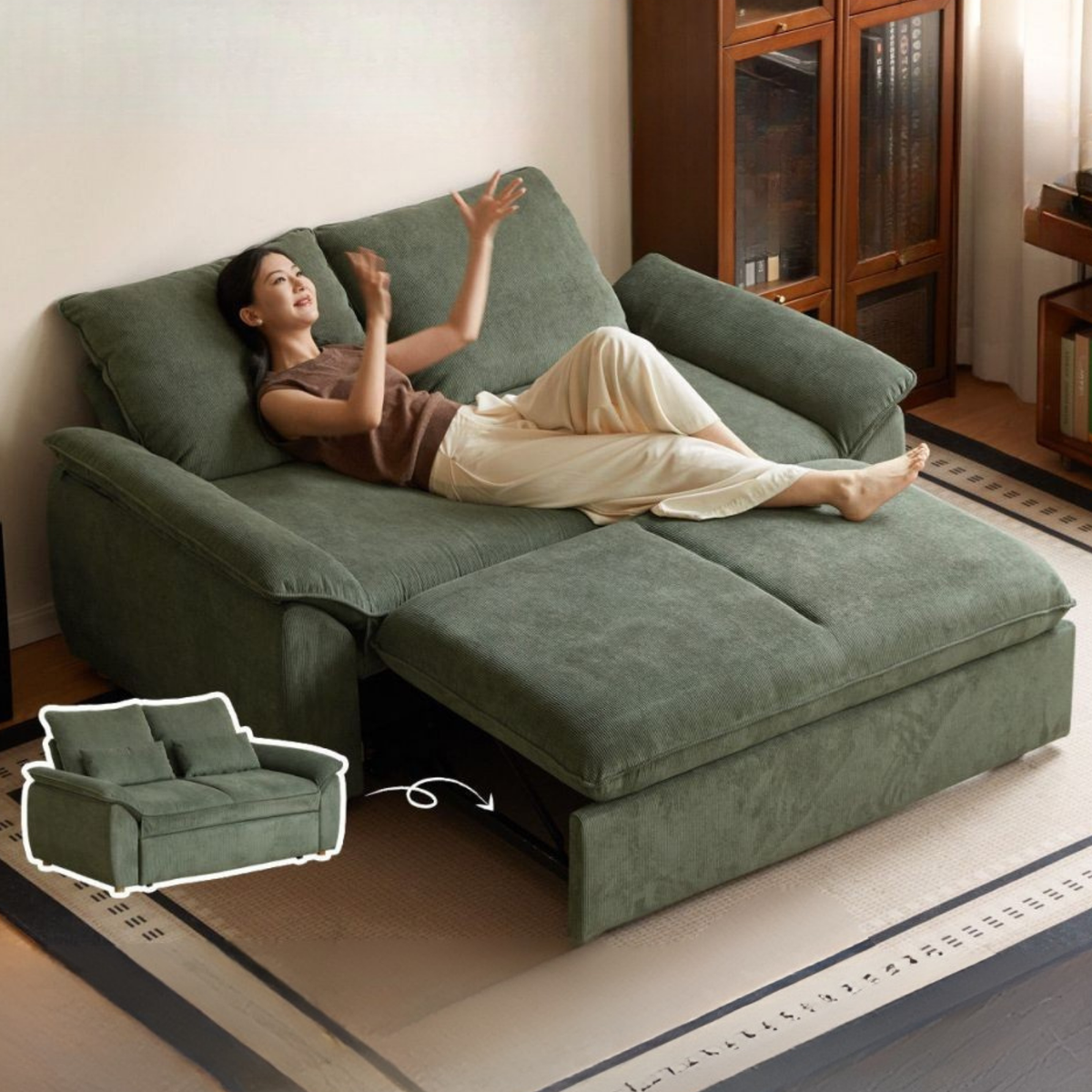 Corduroy Loveseat Sofa with Pull-Out Chaise and Adjustable Backrest