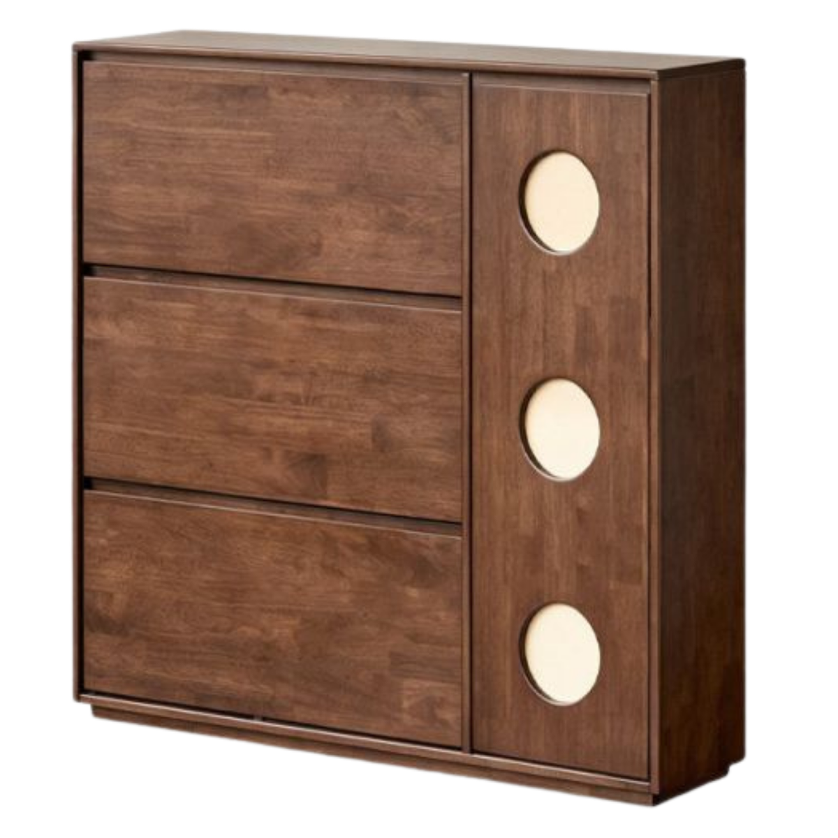 Solid RubberWood Vintage Shoe Cabinet with Flip-Down Drawers and Round Inlay Accents