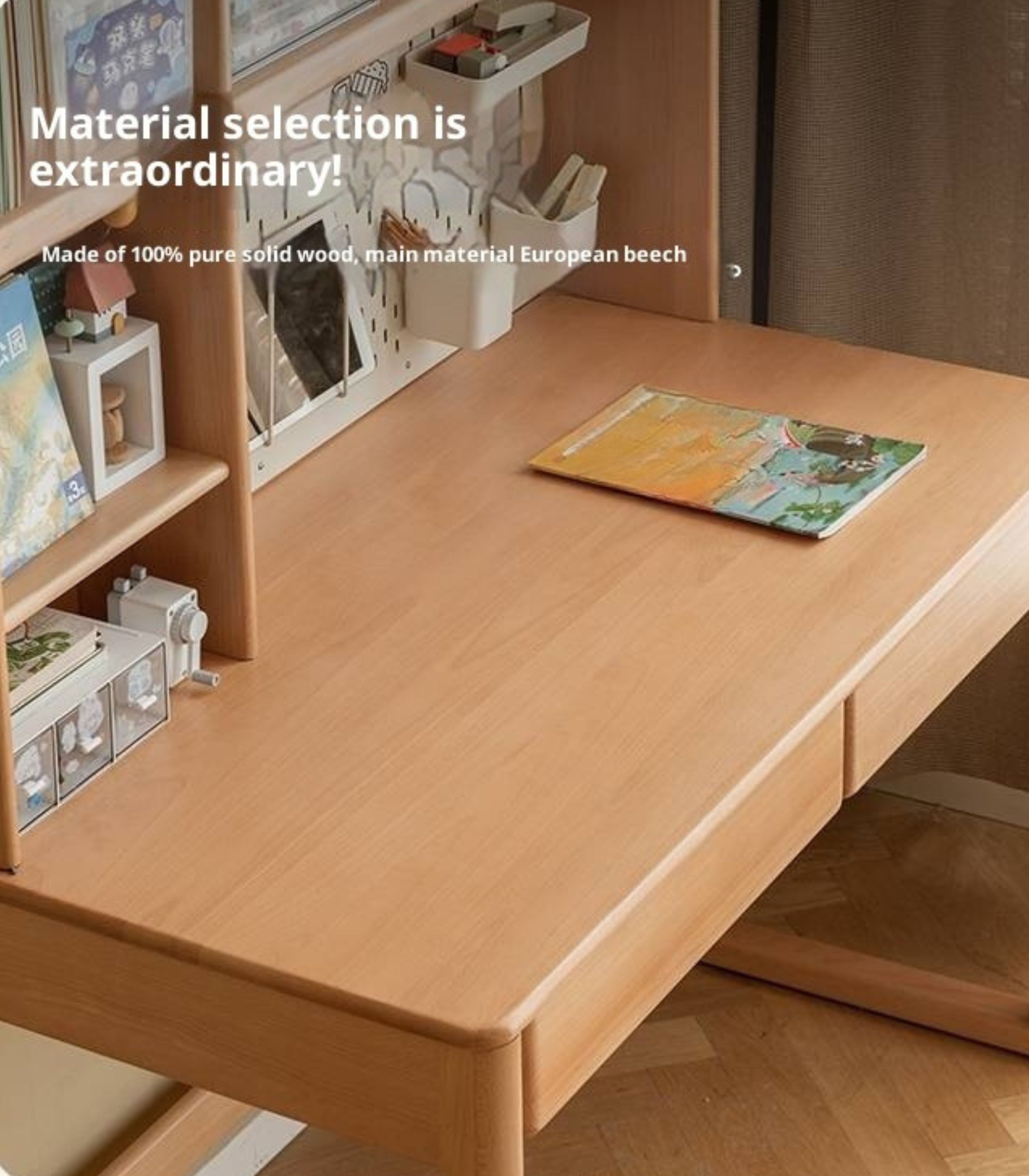 Beech Solid Wood Bookshelf Integrated Сhildren's Learning Desk