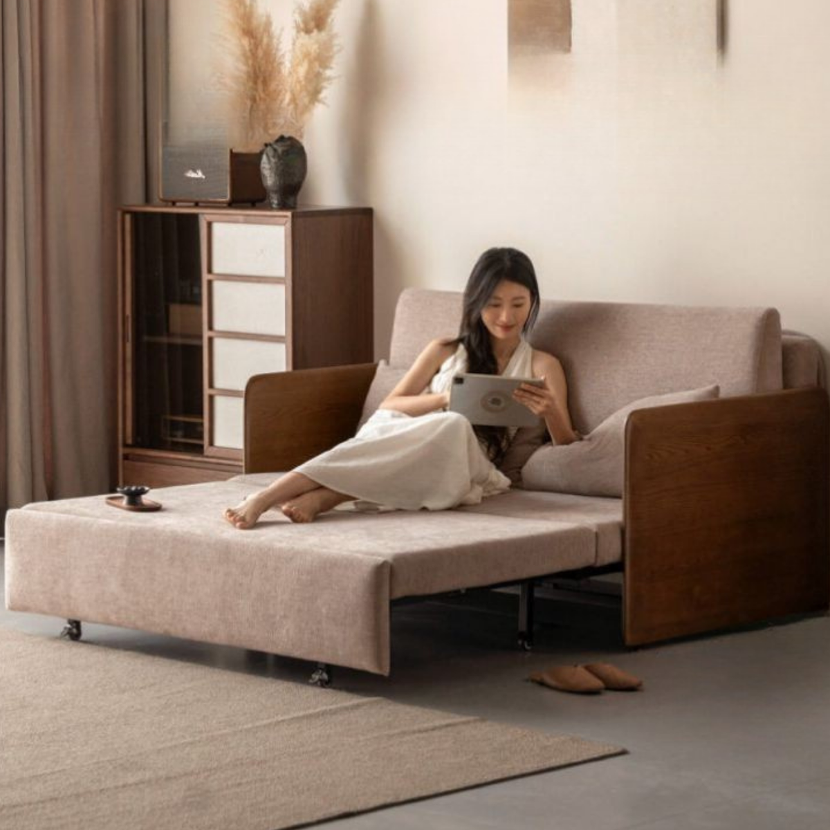 Ash Solid Wood Convertible Sofa Bed with Wood Frame and Adjustable Backrest on Wheels