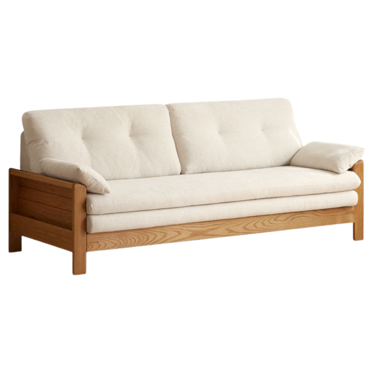 Oak Solid Wood Tufted Sofa Bed with Wood Frame and Side Storage Pocket
