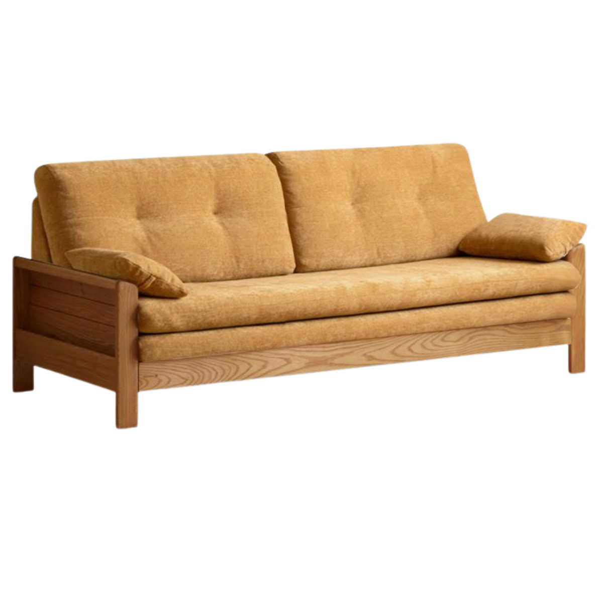 Oak Solid Wood Tufted Sofa Bed with Wood Frame and Side Storage Pocket