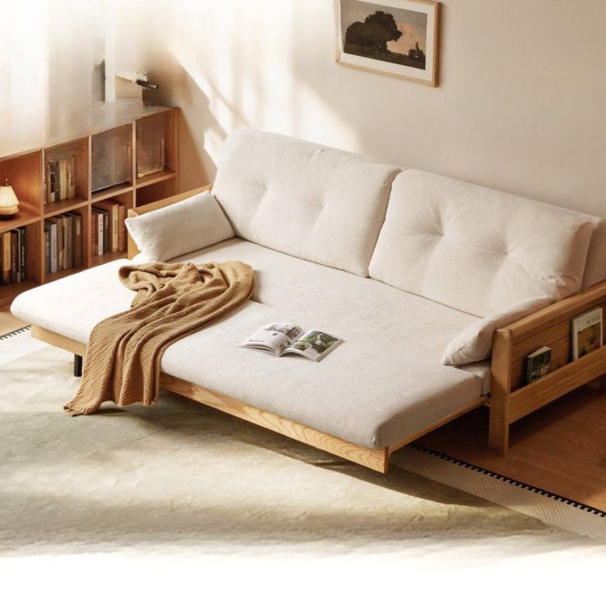 Oak Solid Wood Tufted Sofa Bed with Wood Frame and Side Storage Pocket