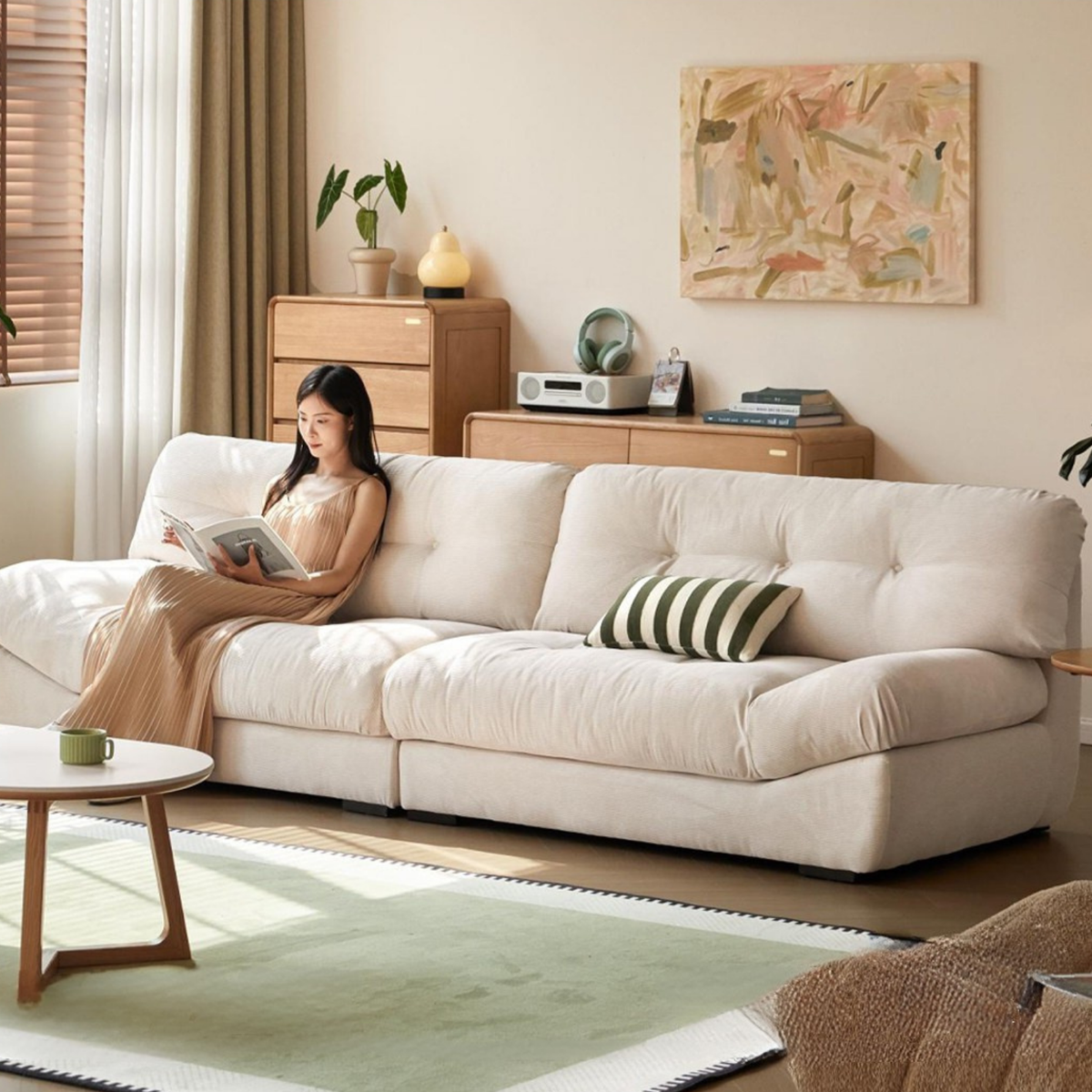 Fabric Italian Style Cloud Sofa With Russian Birch Wood Frame-