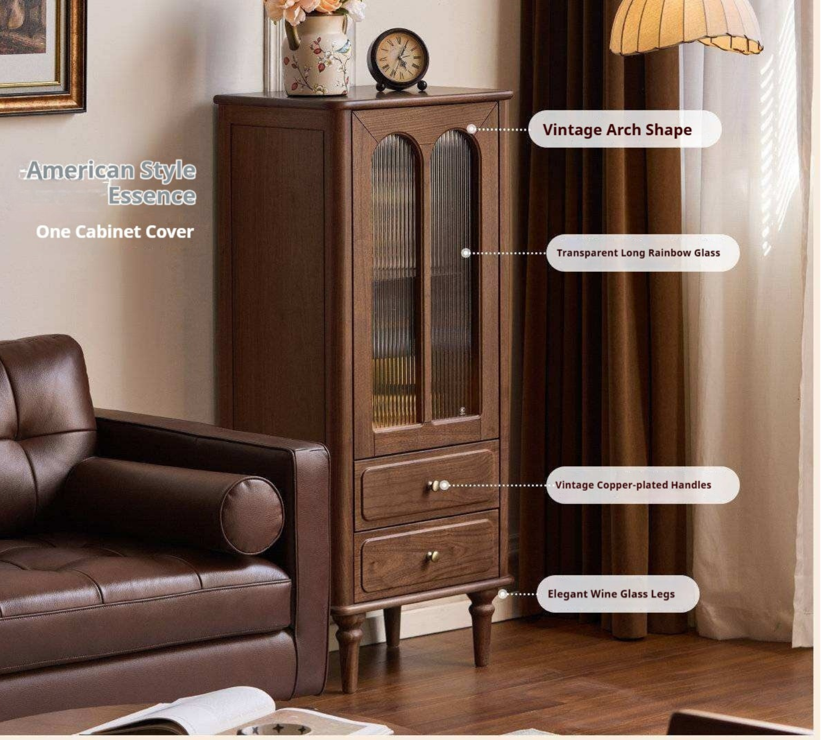 Black Walnut Solid Wood Side Cabinet with Glass Display