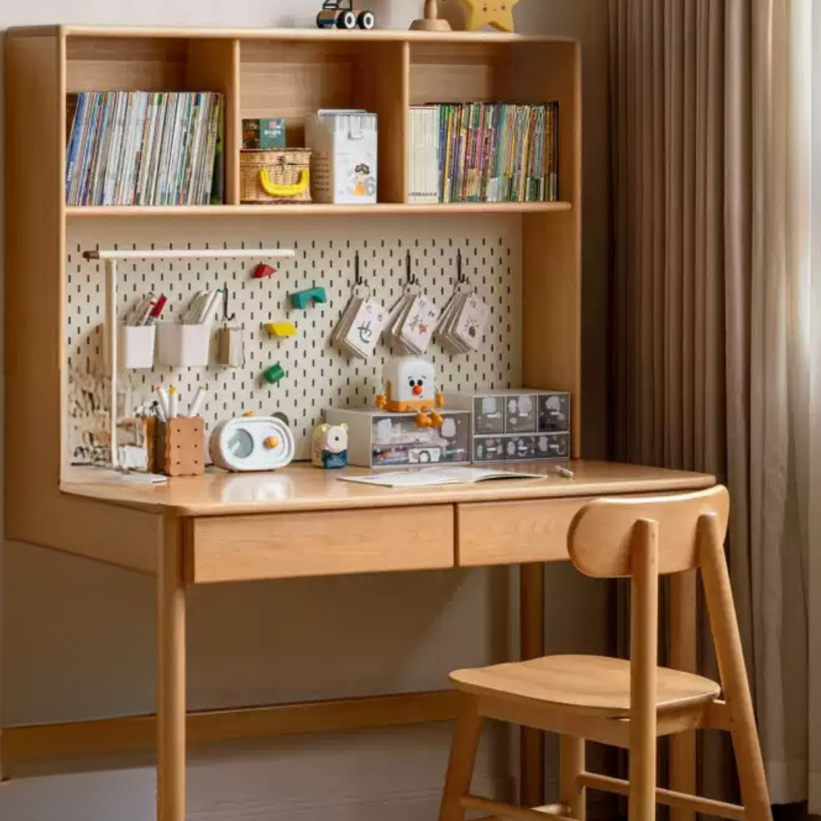 Beech, Oak  Solid Wood Writing Desk with Bookshelf Hutch and Organizer Panel
