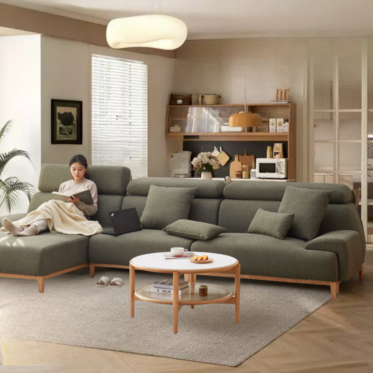 Fabric Modern High-Back Corner Sofa Ash wood legs
