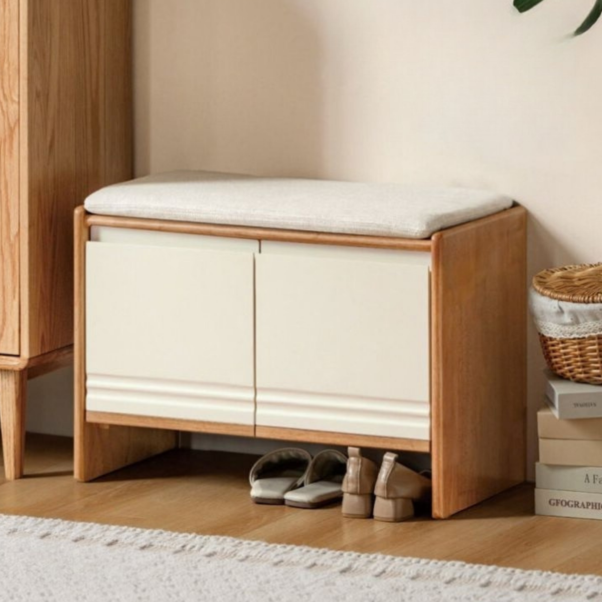 Solid RubberWood Shoe Storage Bench with Doors and Cushioned Top