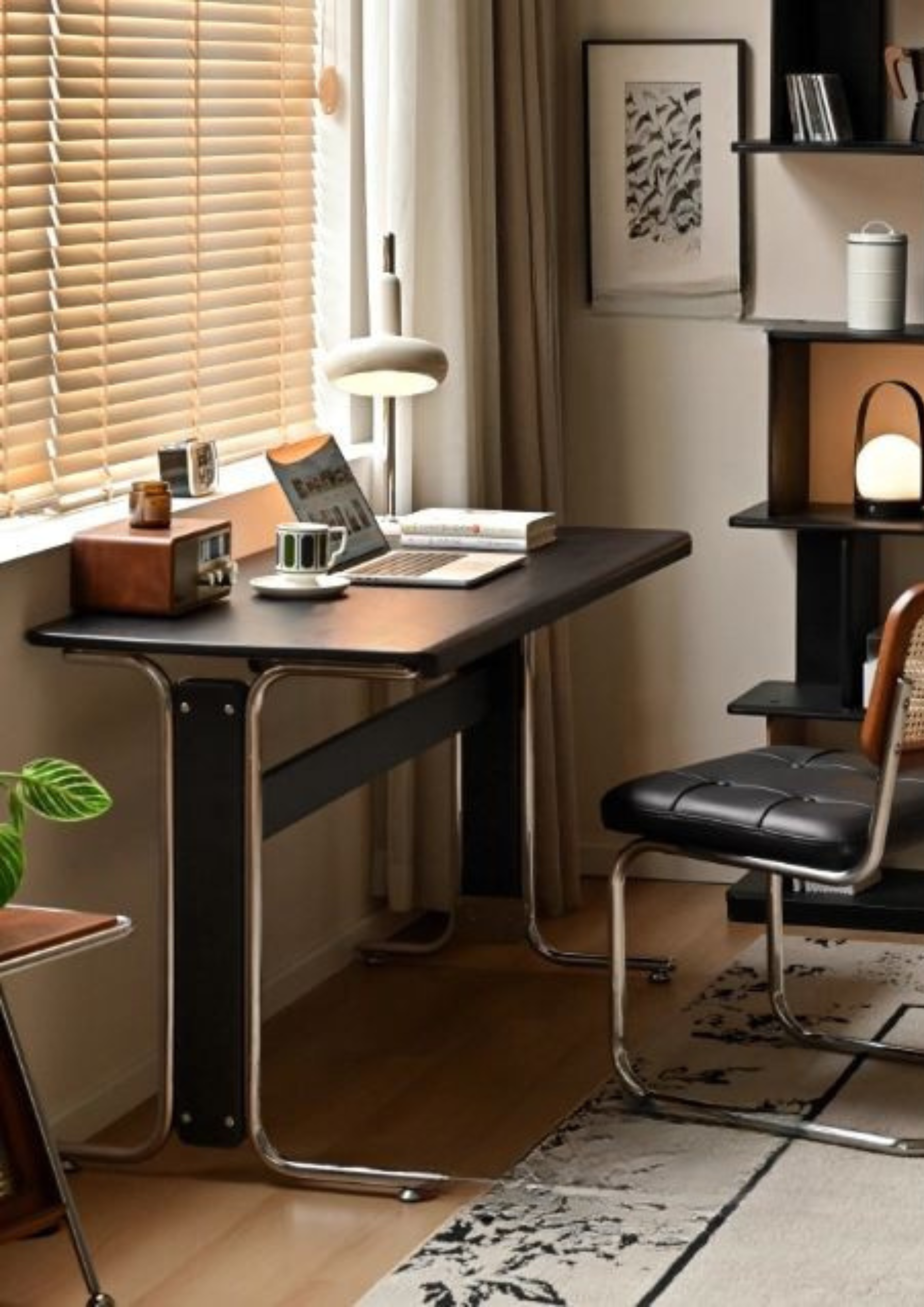 Oak, Ash Solid Wood Bauhaus Black Computer Desk.