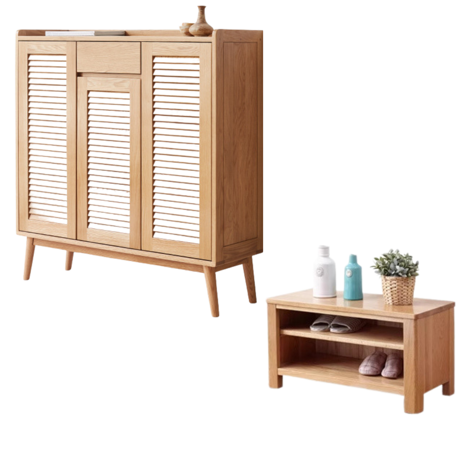 Oak Solid Wood Shutter Door Shoe Cabinet