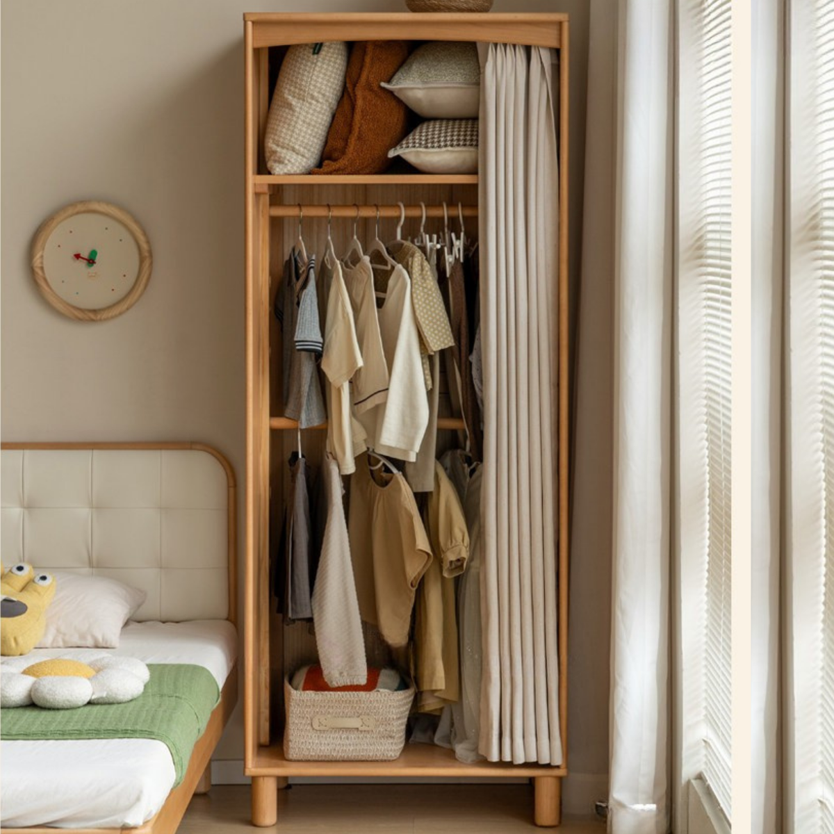 Beech Solid Wood Children's Curtain Wardrobe