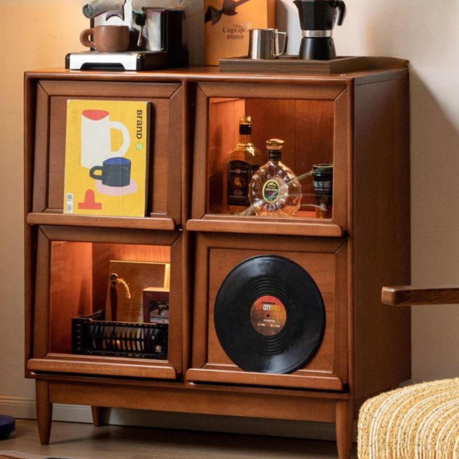 Poplar Solid Wood Storage Bookcase with Retro Style Cabinet