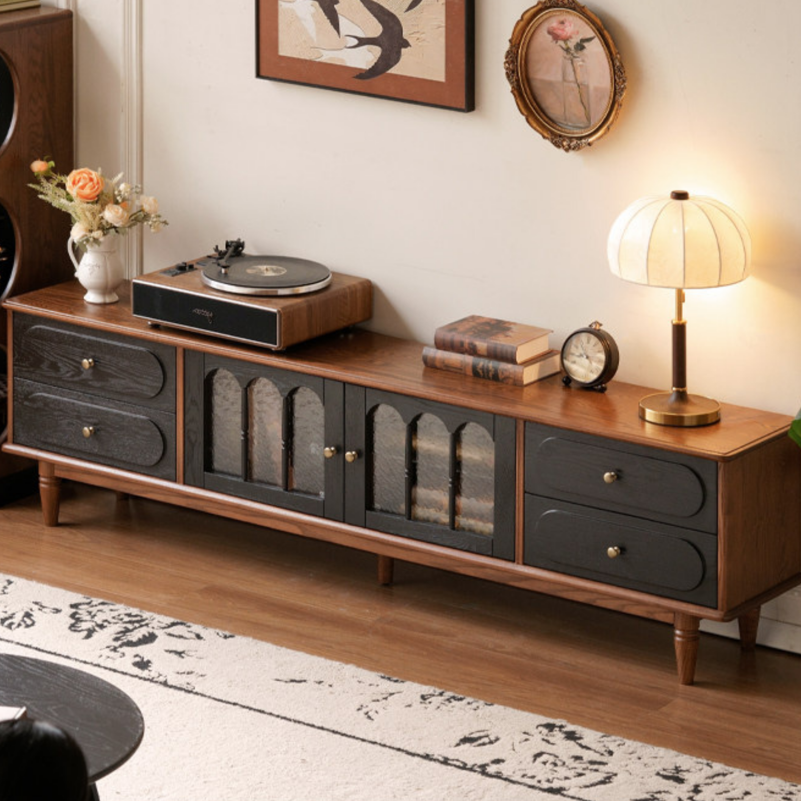 Black Walnut, Ash Solid Wood TV Cabinet with Integrated Storage, Vintage Style Floor Cabinet