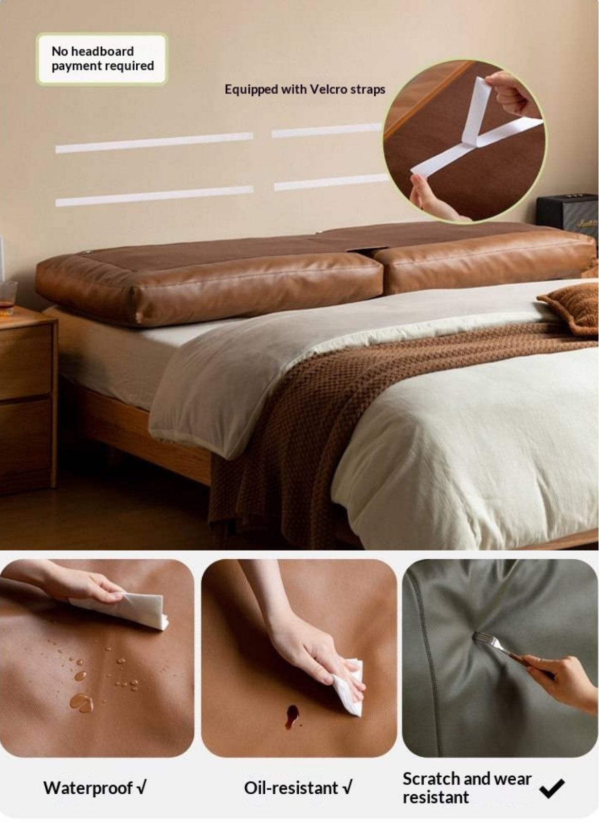 Soft Leather Headboard with Large Cushioned Backrest