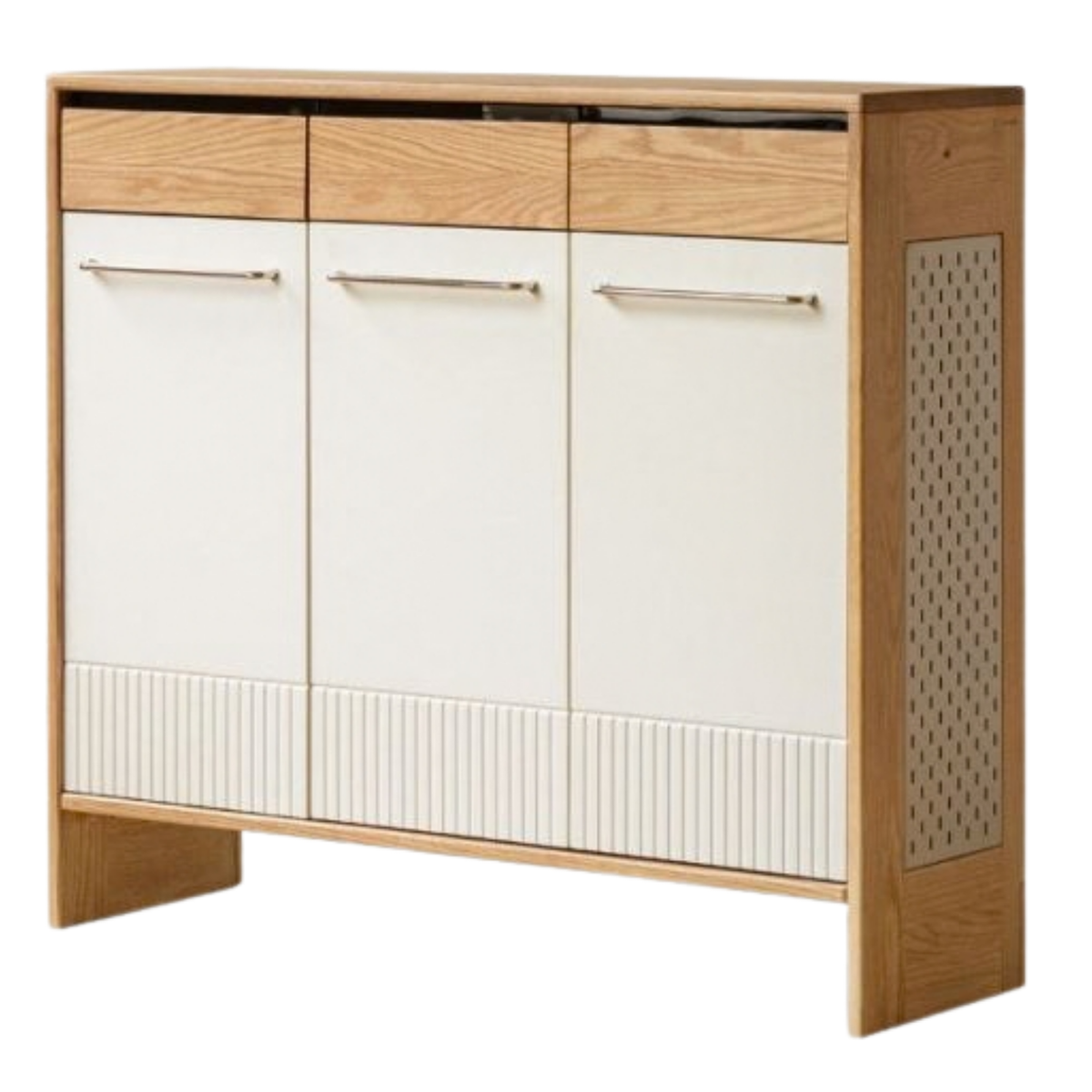 Oak Solid Wood Large Capacity Shoe Storage Cabinet with Fluted Panel Doors and Adjustable Shelves