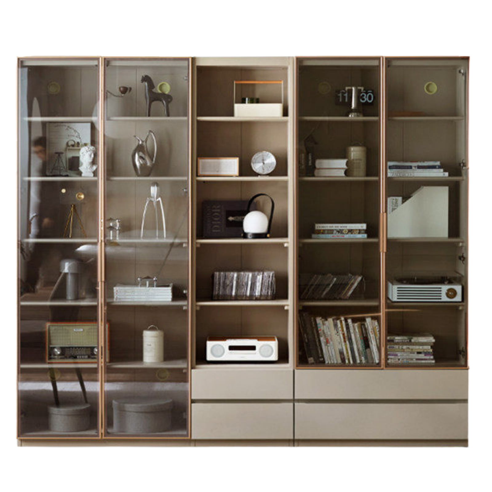 Solid RubberWood Combination Bookcase, Glass Door Cabinet