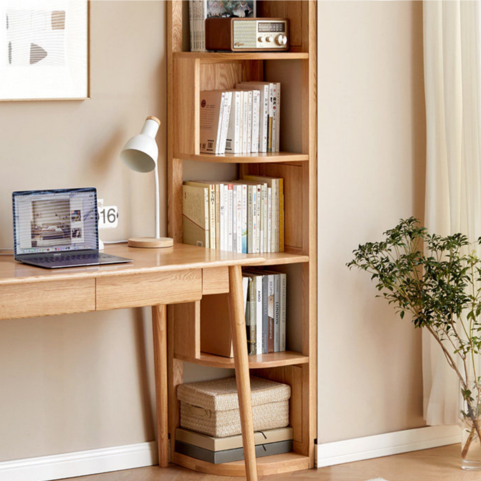 Solid Rubberwood, Oak, Ash Solid Wood Triangle Corner Bookshelf with Multi-Layer Shelving