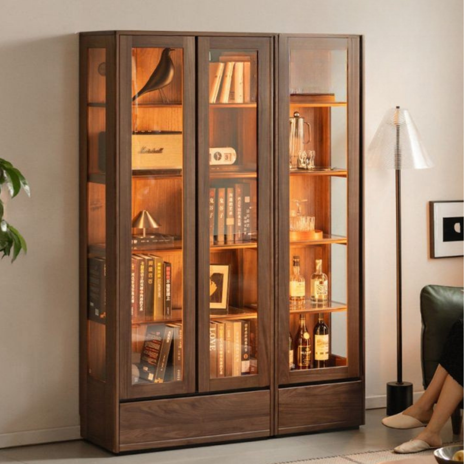 Black Walnut, Ash Solid Wood Modern Study Glass Bookcase