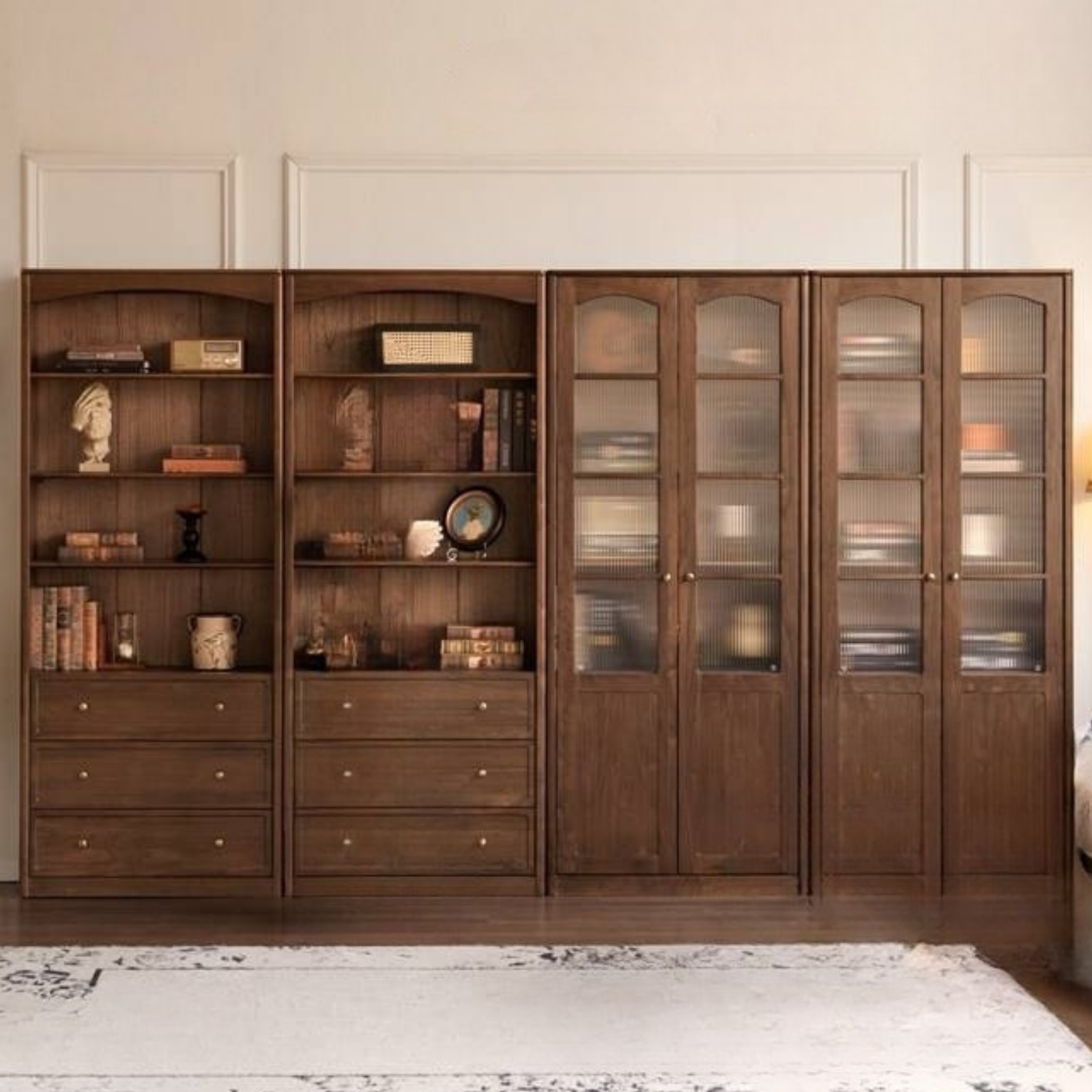 Black Walnut Solid Wood Bookshelf and Display Cabinet with Vintage French Profile