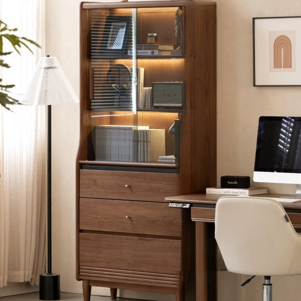Black Walnut Solid Wood Bookcase with Interior Lighting