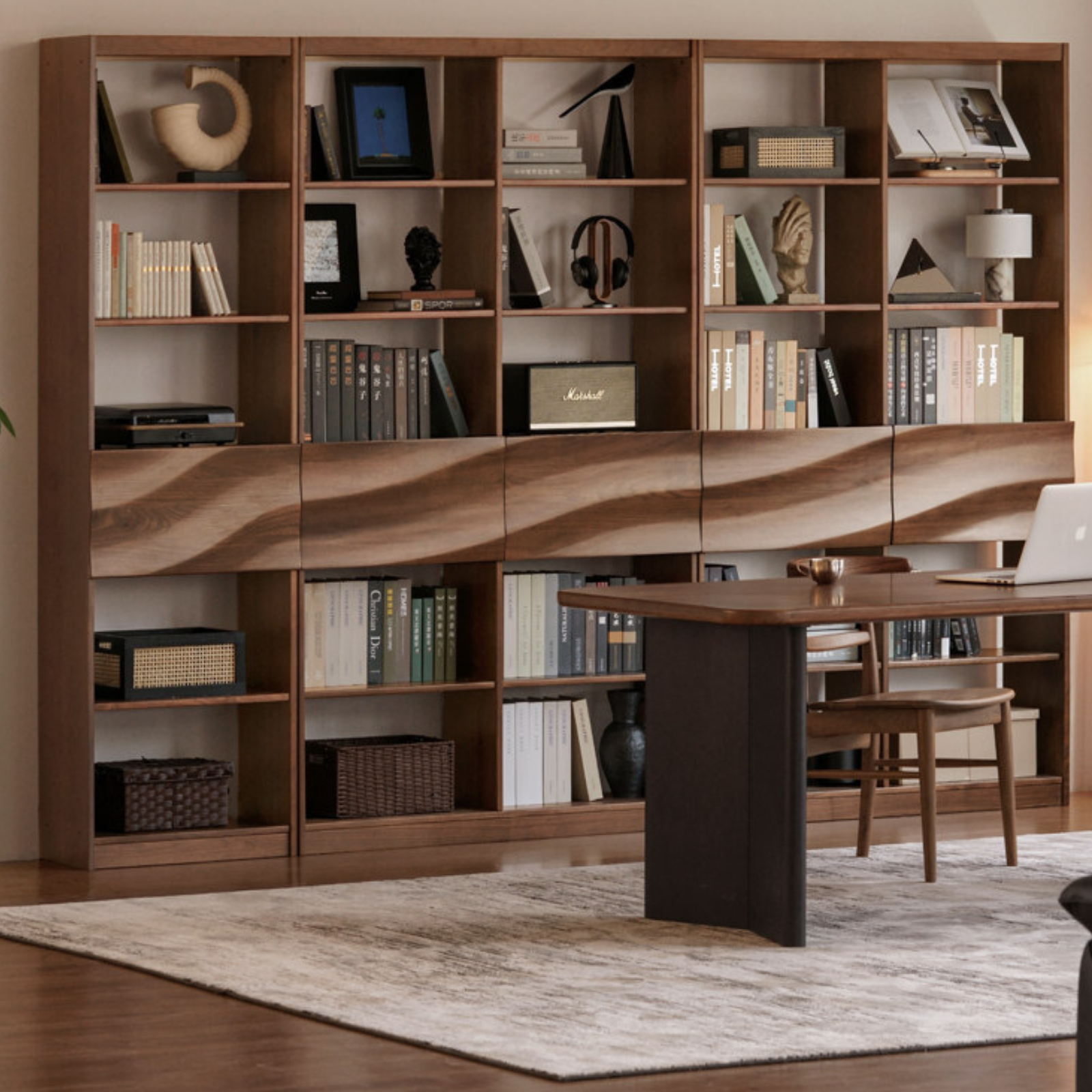 Black Walnut Solid Wood Bookshelf with Combination Storage and Display Shelves