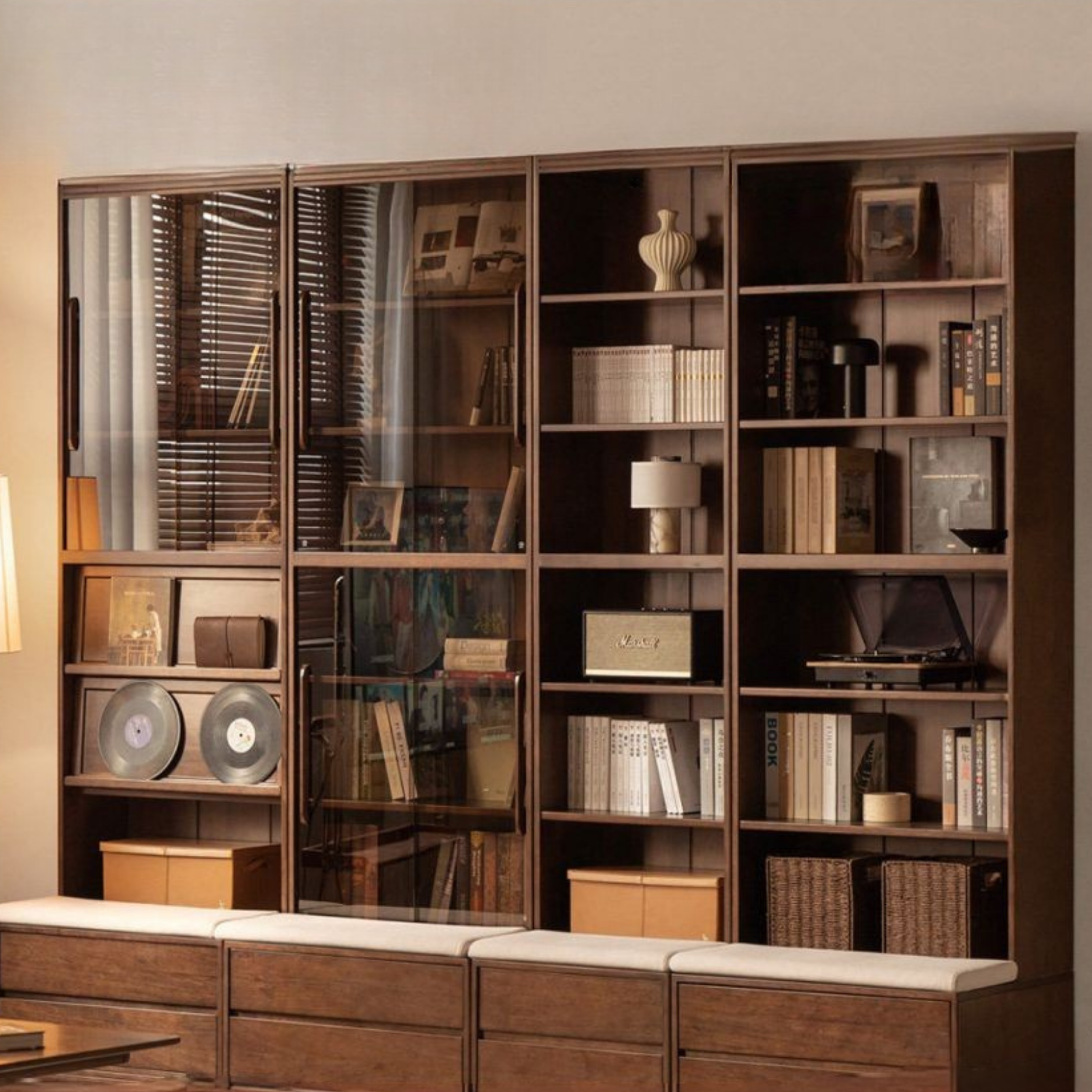 Solid Longan Hardwood, Ash Solid Wood Bookcase with Floor-to-Deck and Wall-Mounted Display Cabinet