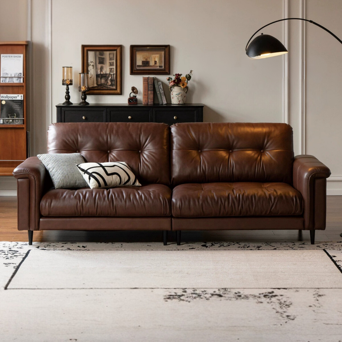 Genuine Leather Roll Arm Leather Sofa with Biscuit Tufted Back