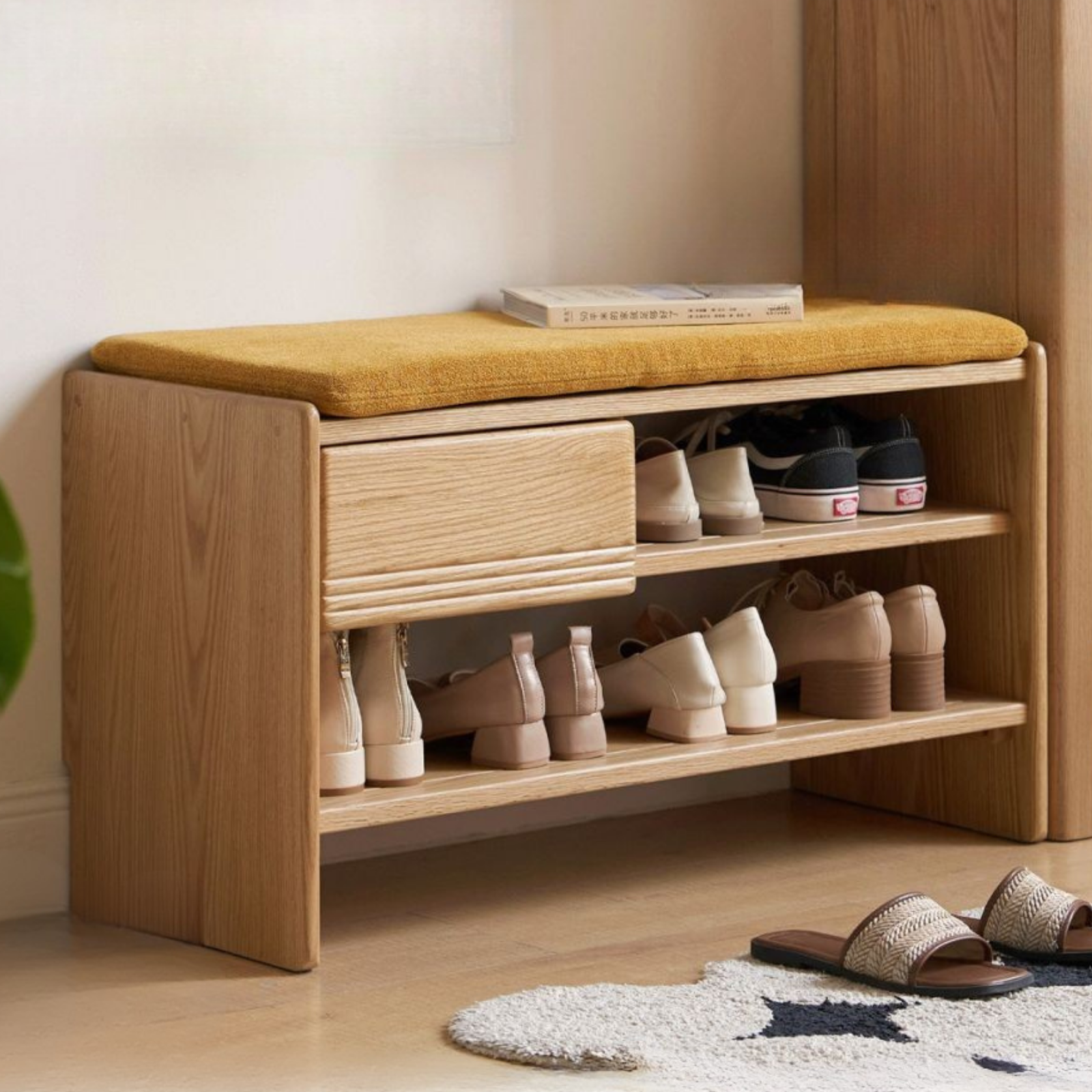 Oak Solid Wood Entryway Shoe Storage Bench