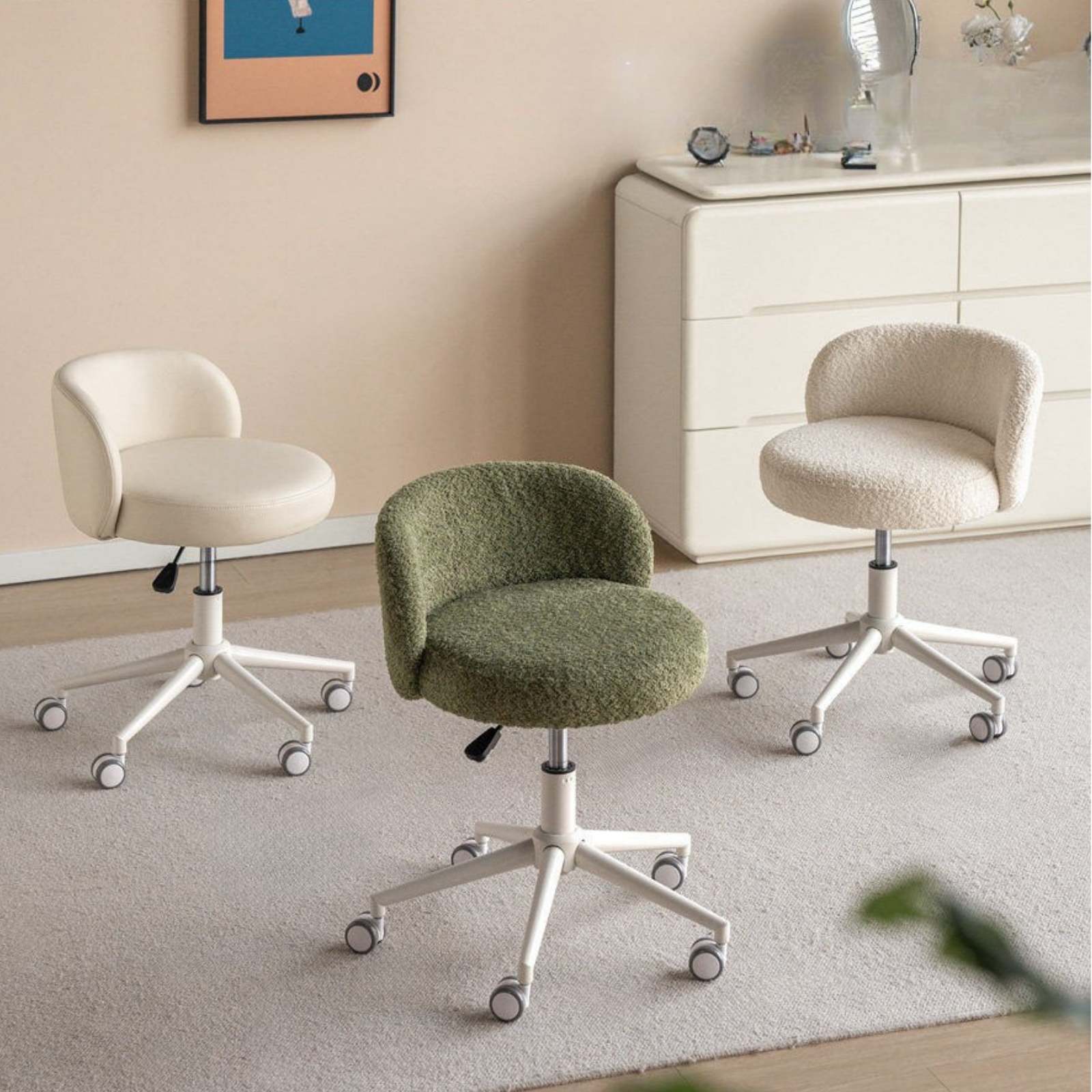 Eco-Leather, Imitation Sheepskin Adjustable Height Vanity Stool, Modern Minimalist Makeup Chair for Bedroom