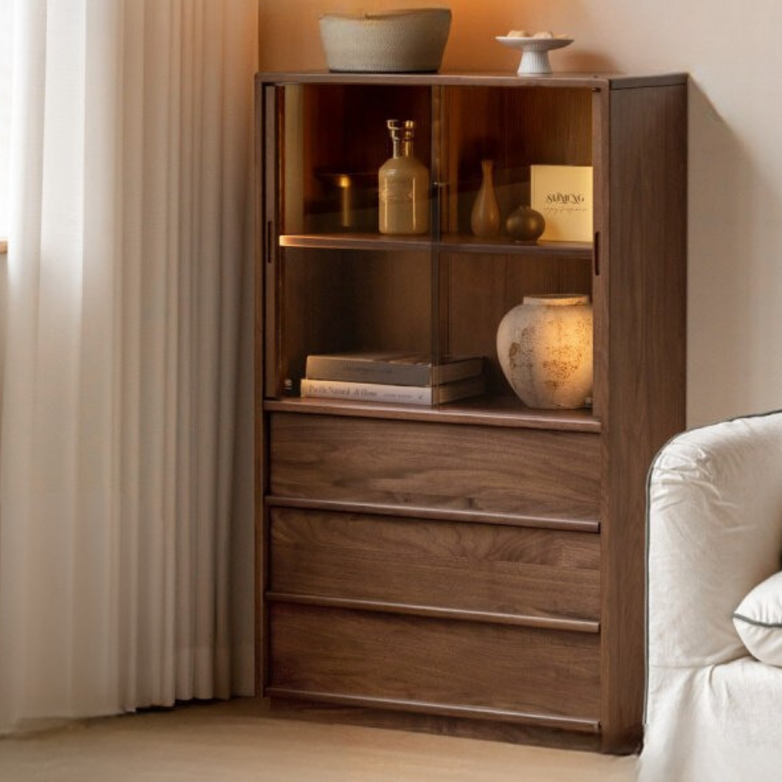 Oak, White oak, Black Walnut Solid Wood Wabi-Sabi Style Floor Side Cabinet.