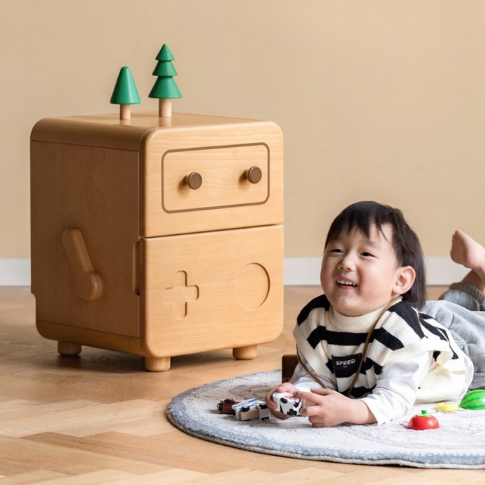 Beech Solid Wood Kids Cartoon Robot Nightstand