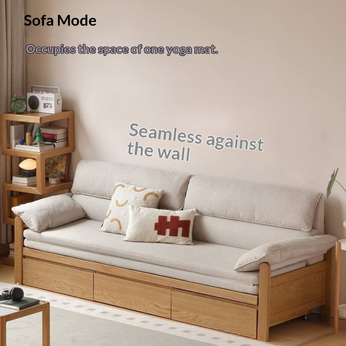 Oak Solid Wood Sofa Bed with Under-Seat Storage Drawers