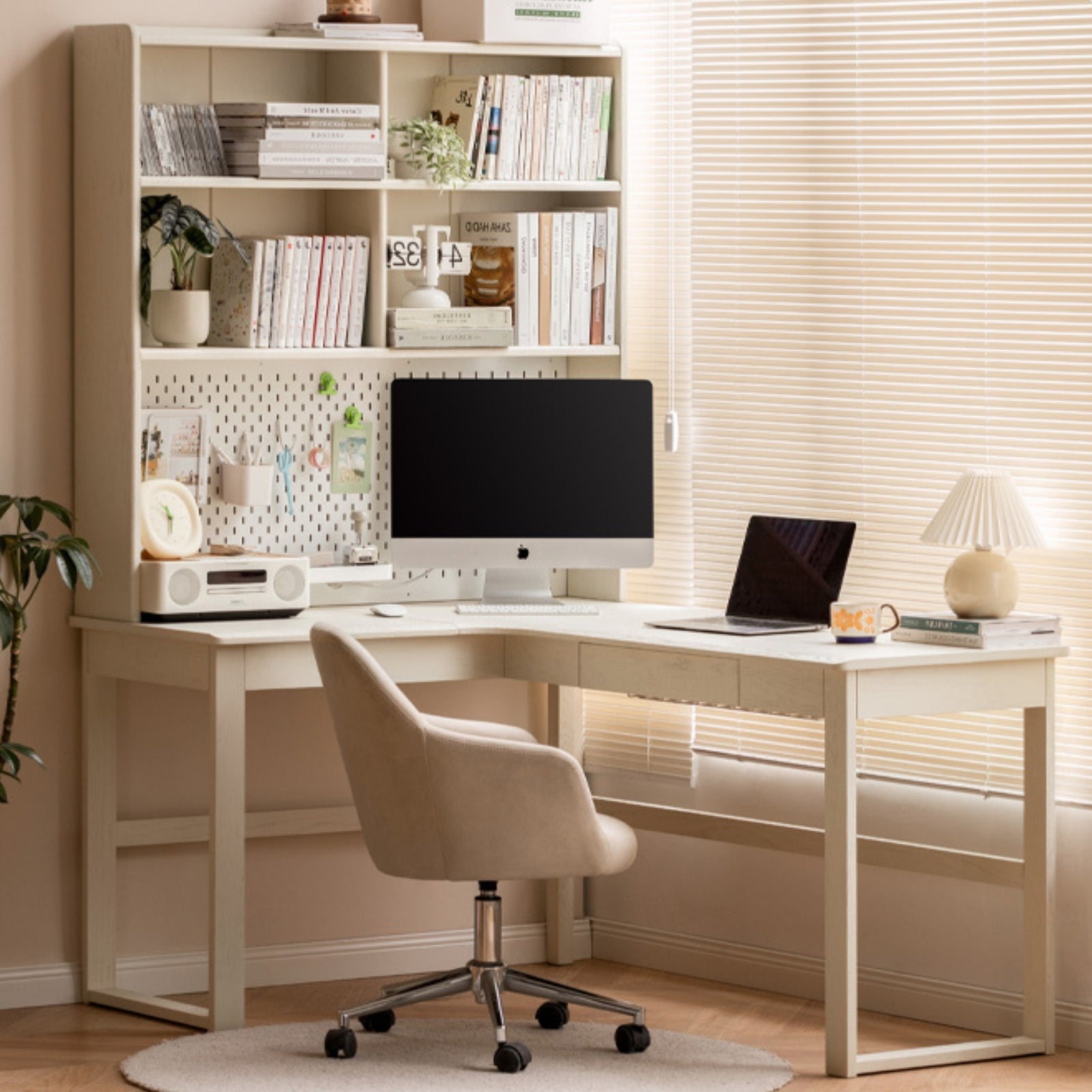 Oak Solid Wood Modern Cream Style Desk and Bookshelf Integrated